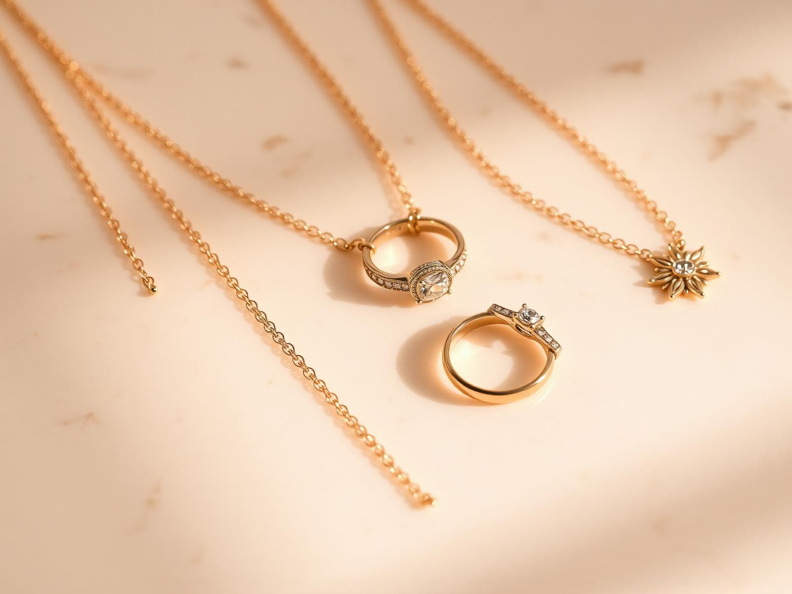Delicate gold necklaces and diamond rings on cream marble